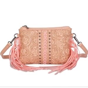 Western Pink and Tan Embossed Fringe Crossbody Bag